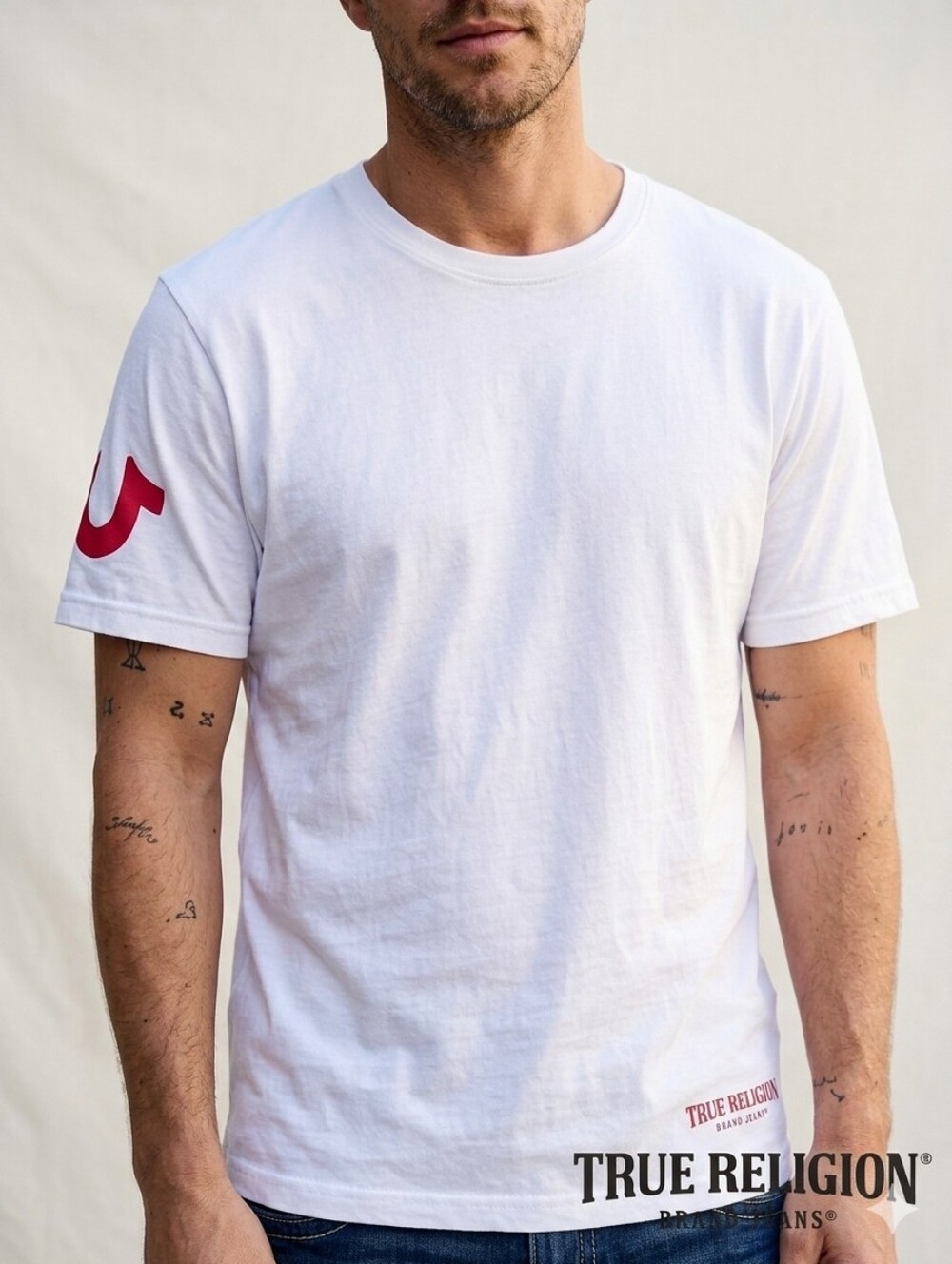 True Religion White Short-Sleeve Crew Tee with Red Logo Size-XL
